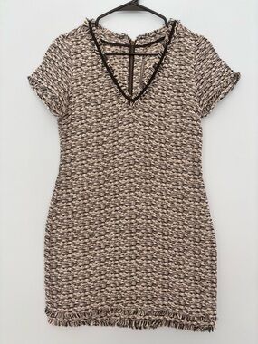 NWT Twelfth Street by Cynthia Vincent Tweed Fringe V Neck Shift Dress Size 4